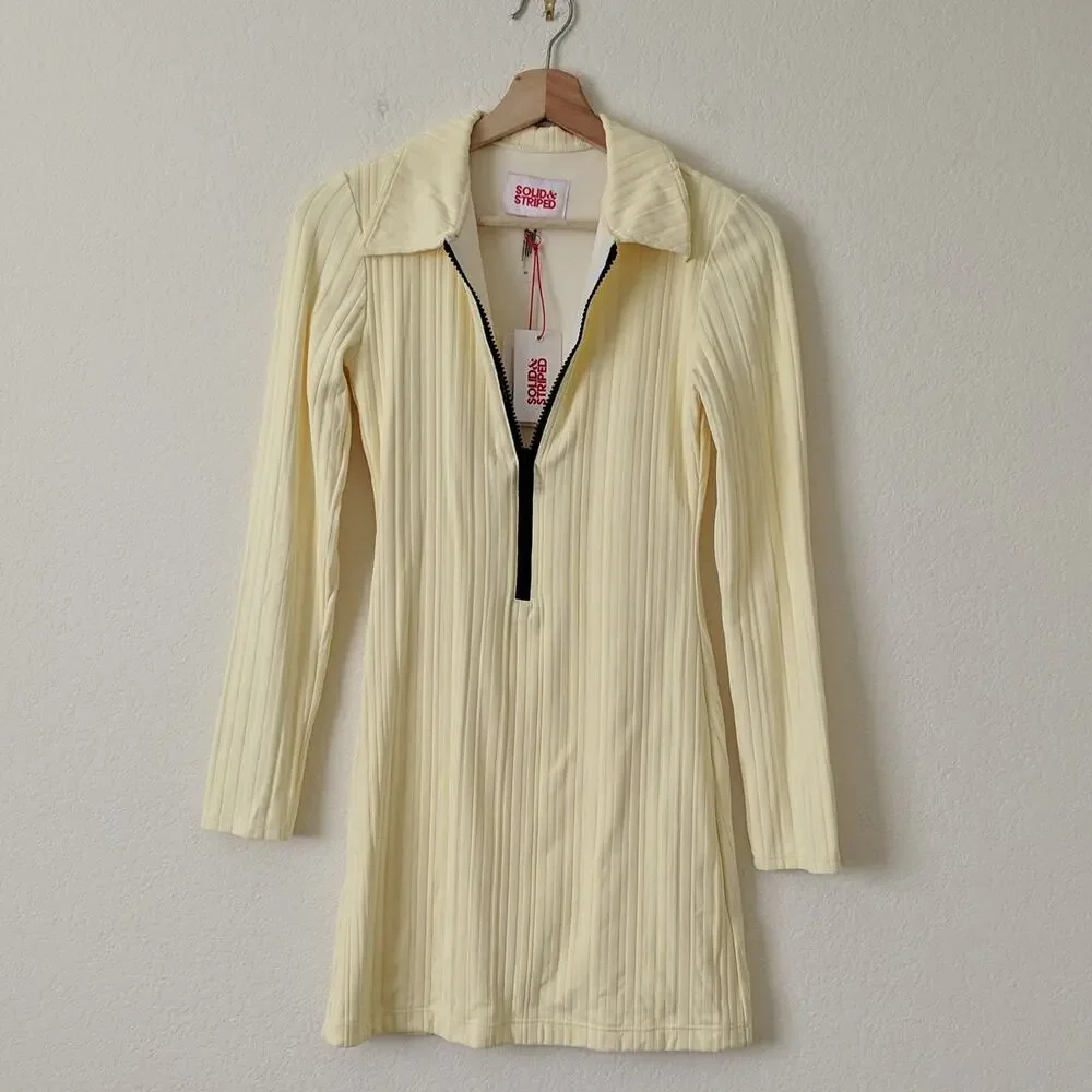Solid & Striped Long Sleeve Ribbed Polo Zip Up Dress Mini In Blonde Rib NEW $198